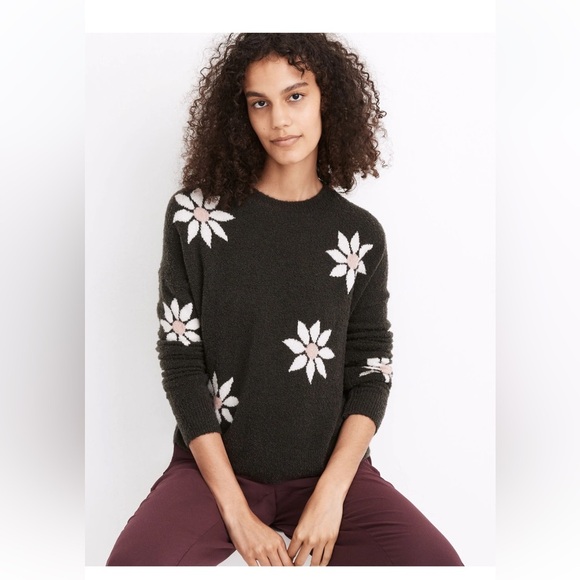 Madewell Floral Intarsia Wool Blend Pullover Sweater Size Medium Green White - Picture 9 of 9